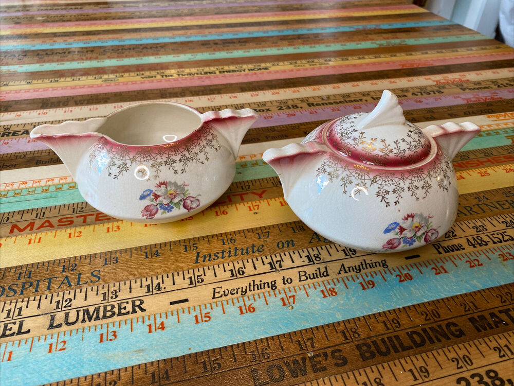 VINTAGE French Saxon China Gold Lace Floral Union Made Creamer Sugar Bowl Set